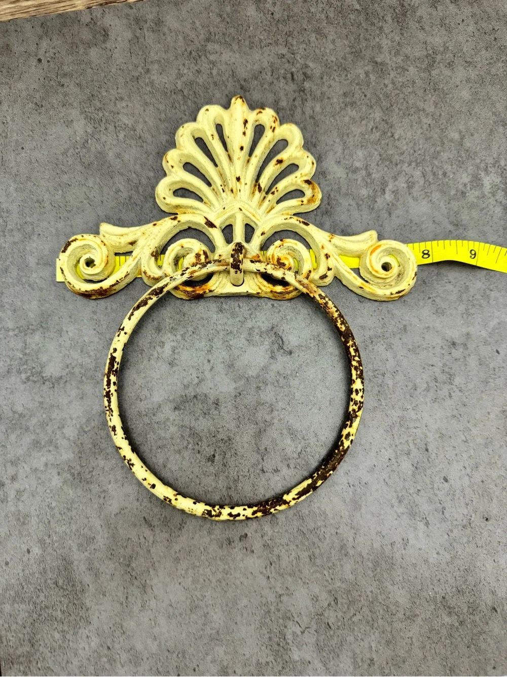 Vintage Cast Iron Towel Ring Holder Distressed Cream Wall Mount